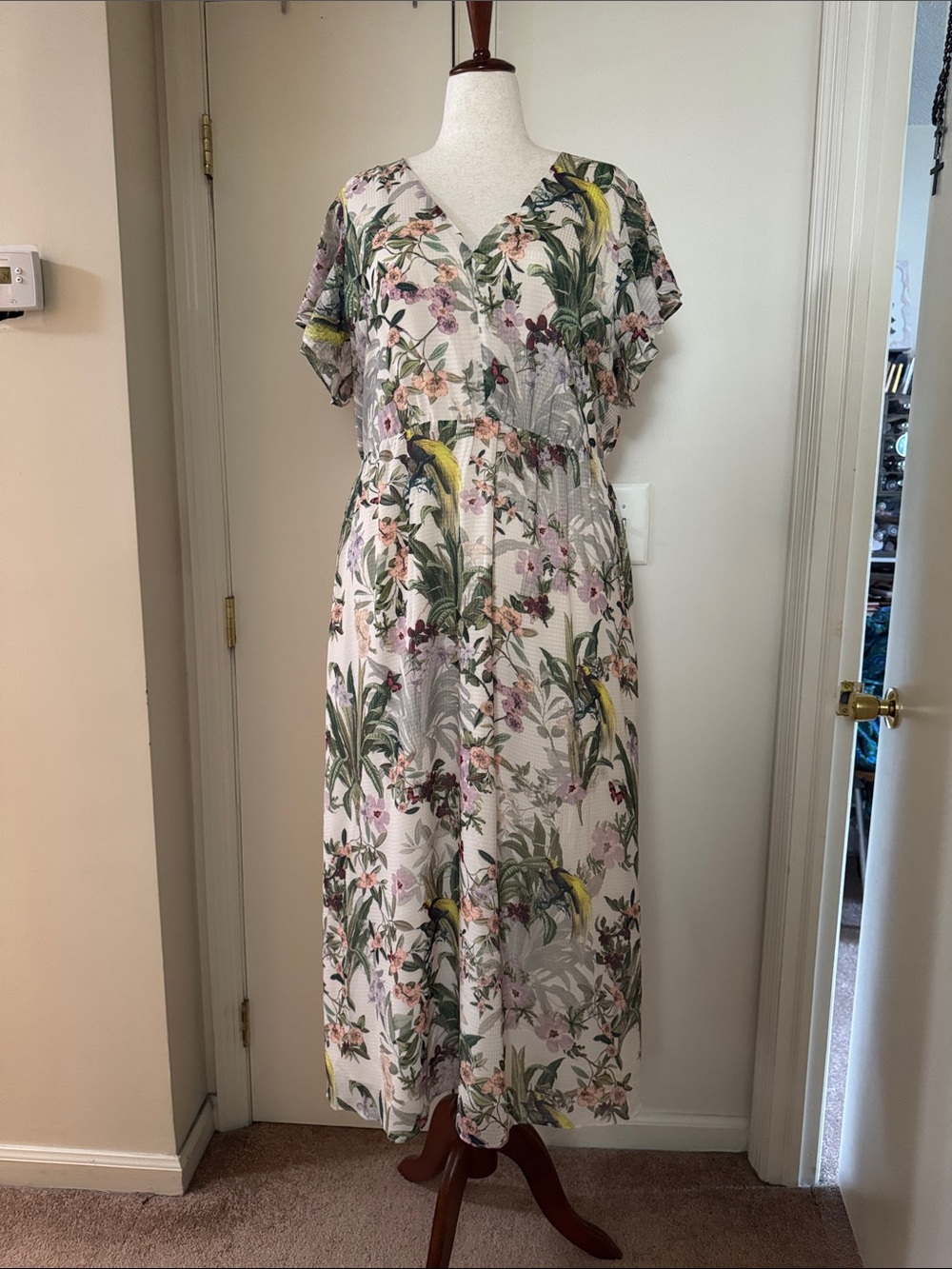 H&M White Floral Midi Dress with Green and Yellow Botanical Print